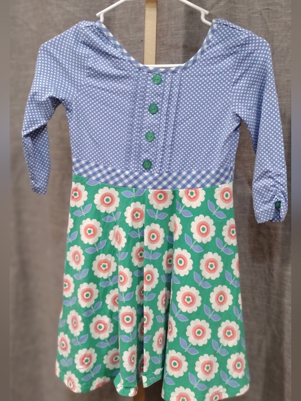 Girls' Green Floral & Blue Polka Dot Dress